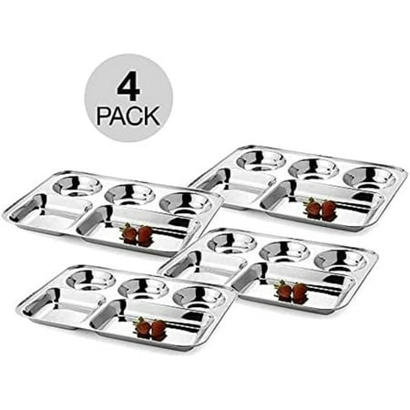 

WhopperIndia Stainless Steel 5 Compartment Square Plate Mess Tray Dinner Plate camping thali restaurant thali serving thali reusable plate Set of 4 pcs- 13 inch