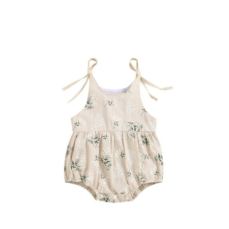 

Baby Girls Sleeveless Romper Tie-up Plant Pattern U-shaped Neck Playsuits