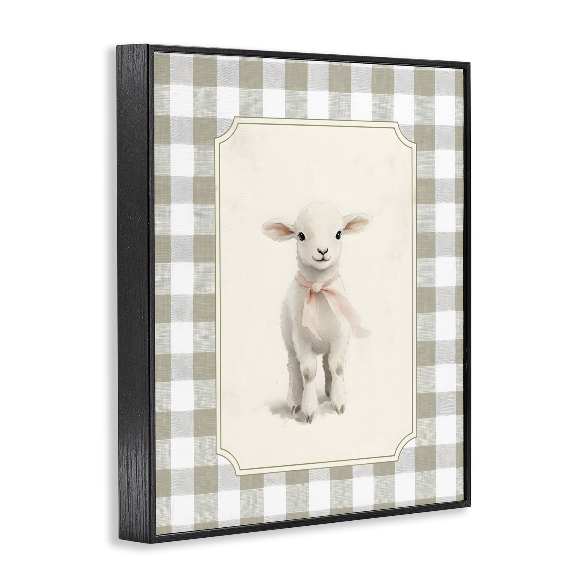 Stupell Industries Gingham Lamb with Pink Ribbon Black Framed Giclee Art, design by Arlington Prints