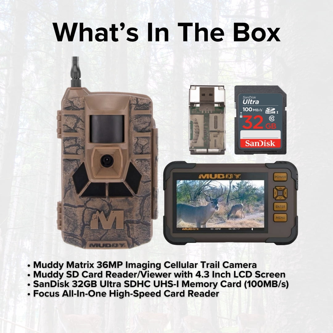 Muddy Matrix 36MP Imaging Cellular Trail Camera with On Demand Photo Bundle with SD Card Reader and Viewer, 32GB Ultra SDHC UHS-I Memory Card, and Card Reader (4 Items)