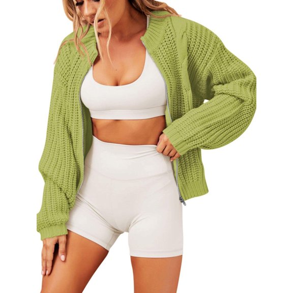 Women's Chunky Sweater Open Front Long Sleeve Zipper Knit Cardigan Jacket Coat Fall Winter Solid Loose Fit Knitted Outwear