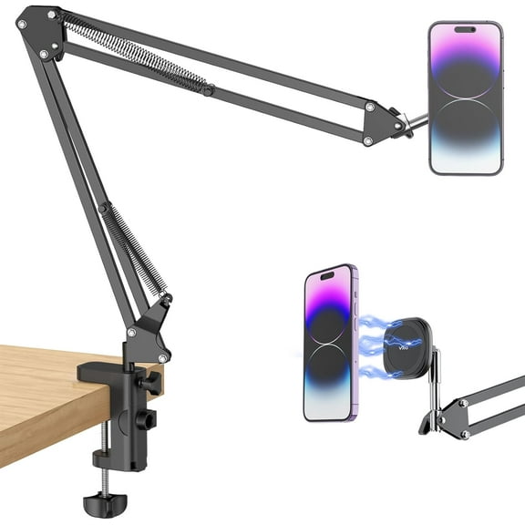 VRIG Magnetic Phone Holder Mount for Desk,MagSafe Flexible Overhead Phone Mount Stand,360° Free Adjustable Long Arm Cell Phone Stand for Desk/Bed for iPhone and More/Android,Magnetic Ring Included