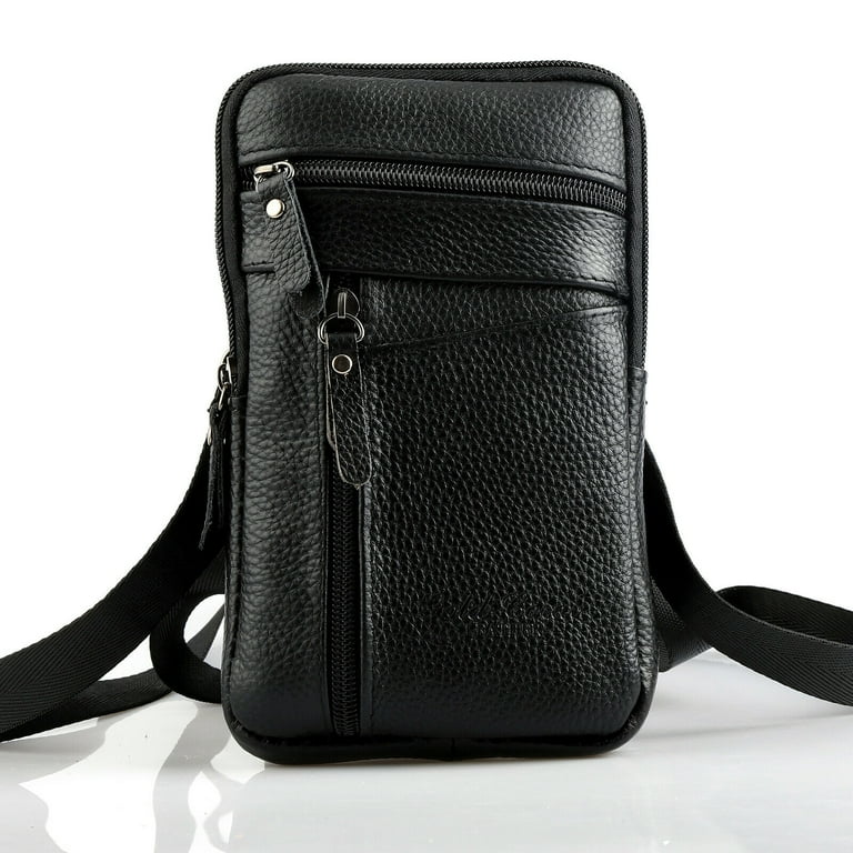 Wallet Body Bag／black leather Genuine Leather Cross Body Bag in Black, Top Zip Handbag