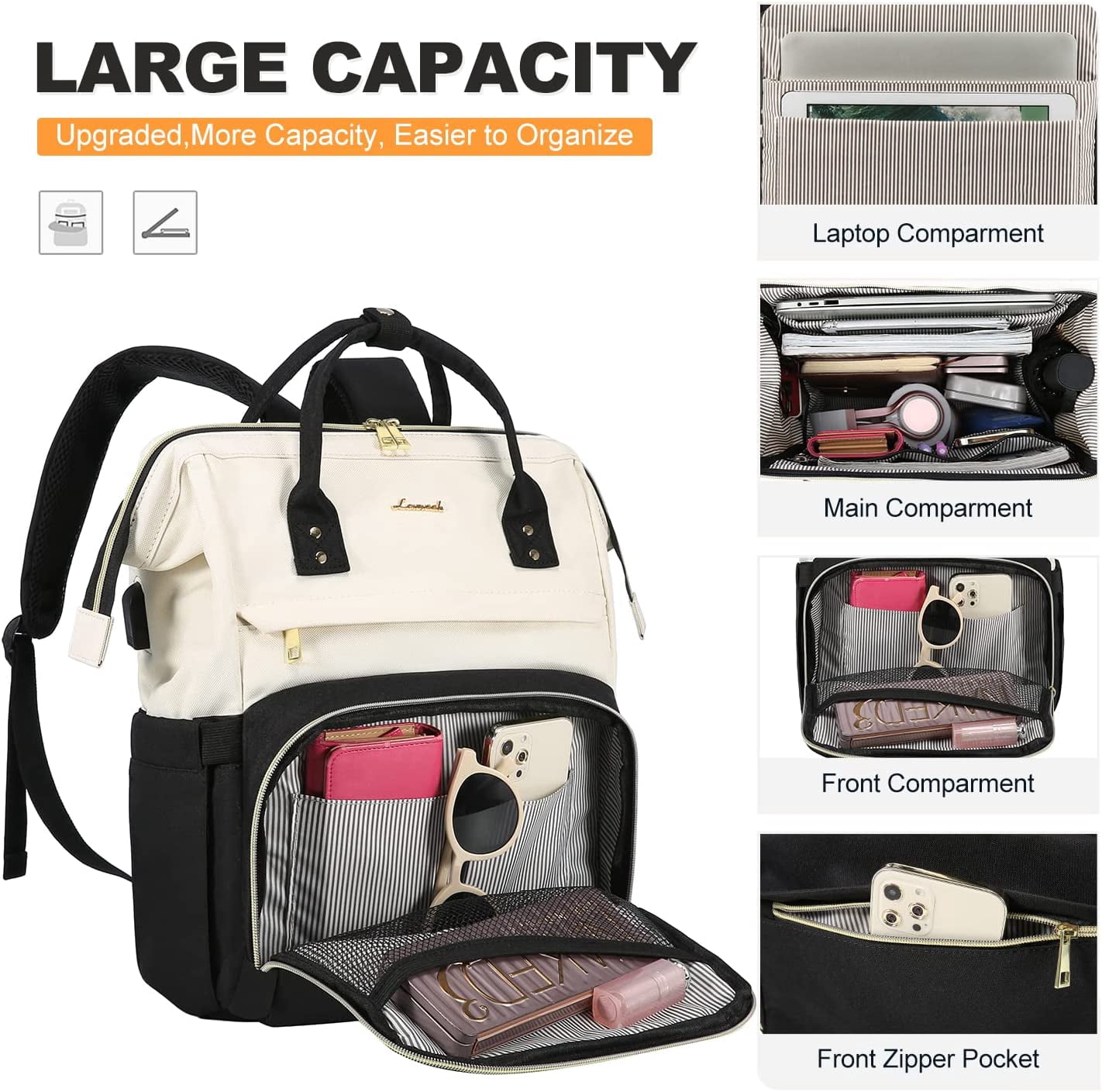 Lovevook Laptop Bag 15.6",Women Work Computer Bag Teacher Nurse Backpack Purse with USB,Waterproof Travel Backpack College Bookbag(Beige-Black)