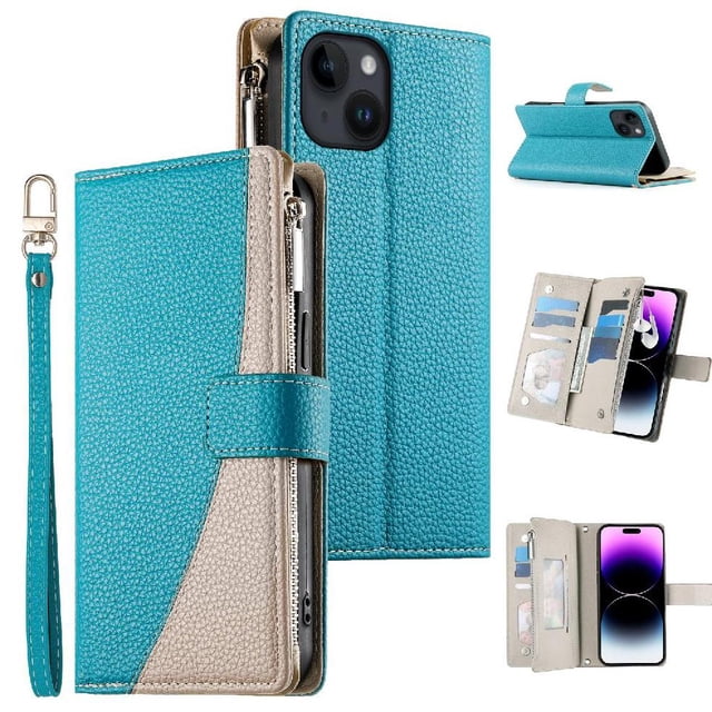 Funda cartera GANGXUN para iPhone 14 , cuero PU con tarjetero, cremallera, correa de mano, soporte y protección 798°