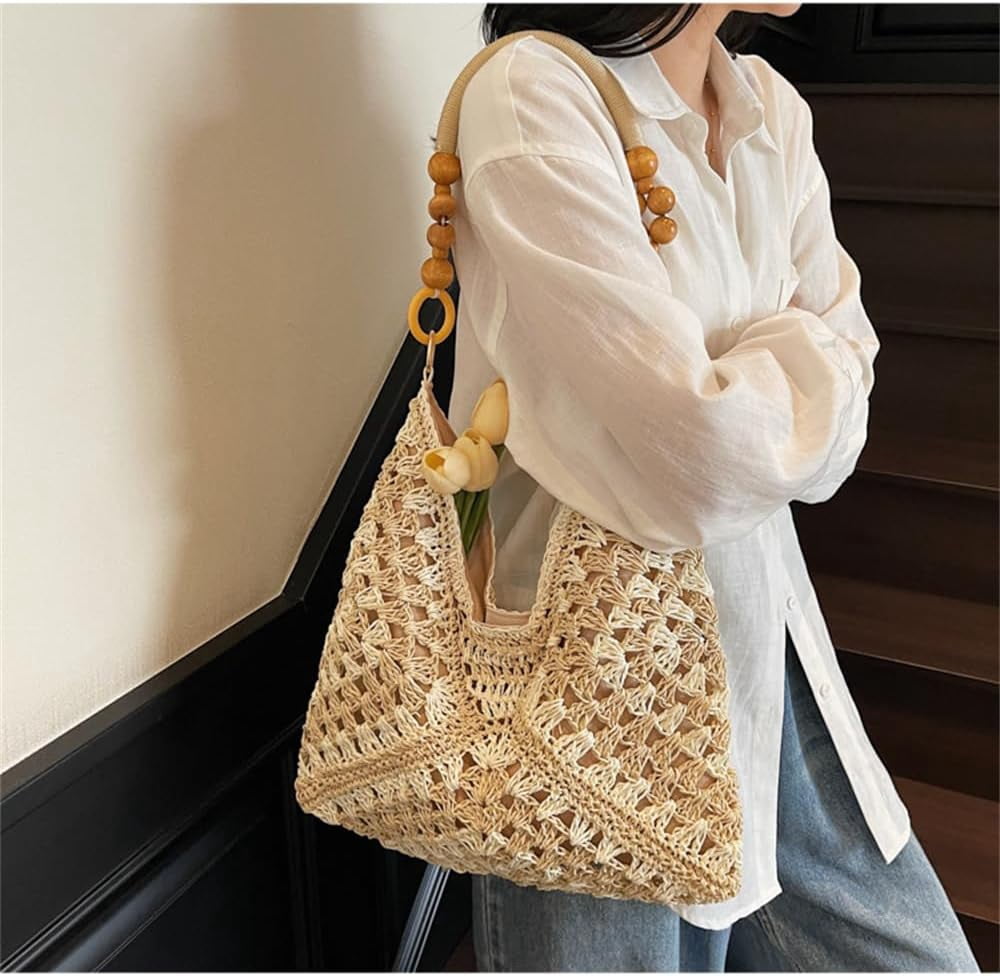 Summer Straw Hobo Bags for Women Boho Woven Mesh Beach Tote Bag Large Capacity Crochet Vacation Shoulder Handbag