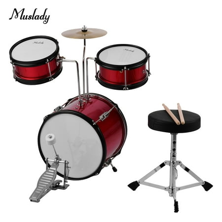 Muslady Kids Children Junior Beginners 3-Piece Drum Set Drums Kit Percussion Musical Instrument with Cymbal Drumsticks Adjustable Stool Red