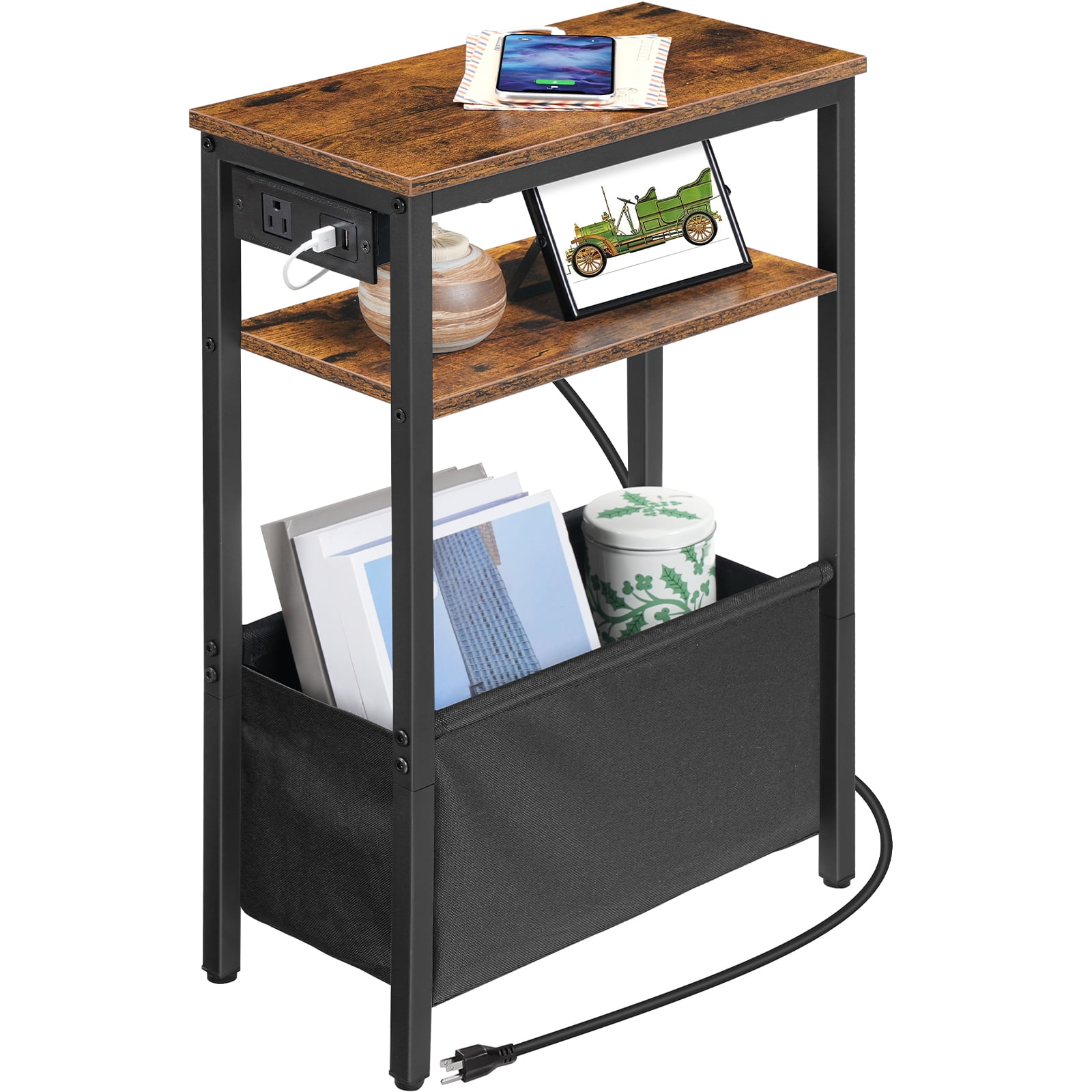 HOOBRO Small Narrow Side Table, Skinny End Table with Charging Station, Extra Slim Nightstand with Storage for Small Spaces, Thin End Table for Living Room, Rustic Brown and Black BF125UBZ01