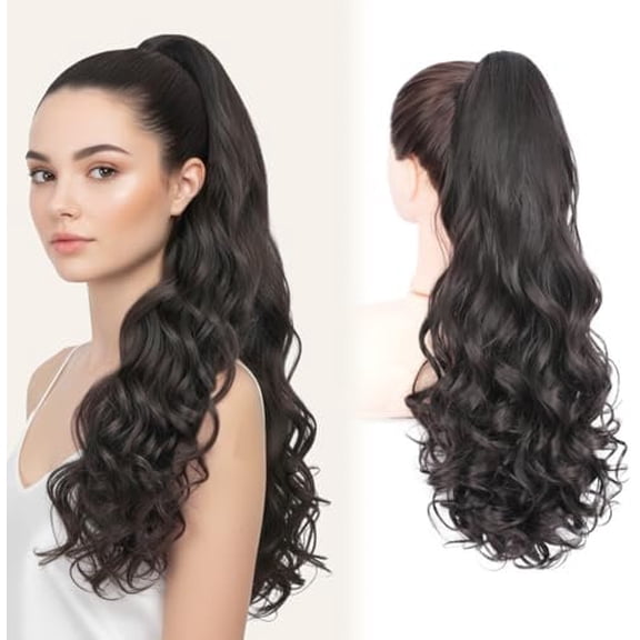 Ponytail Extension, 24 Inch Claw Clip in Hair Extensions Long Curly Wavy Dark Brown Pony Tails,  Looking Synthetic Hairpiece for Women