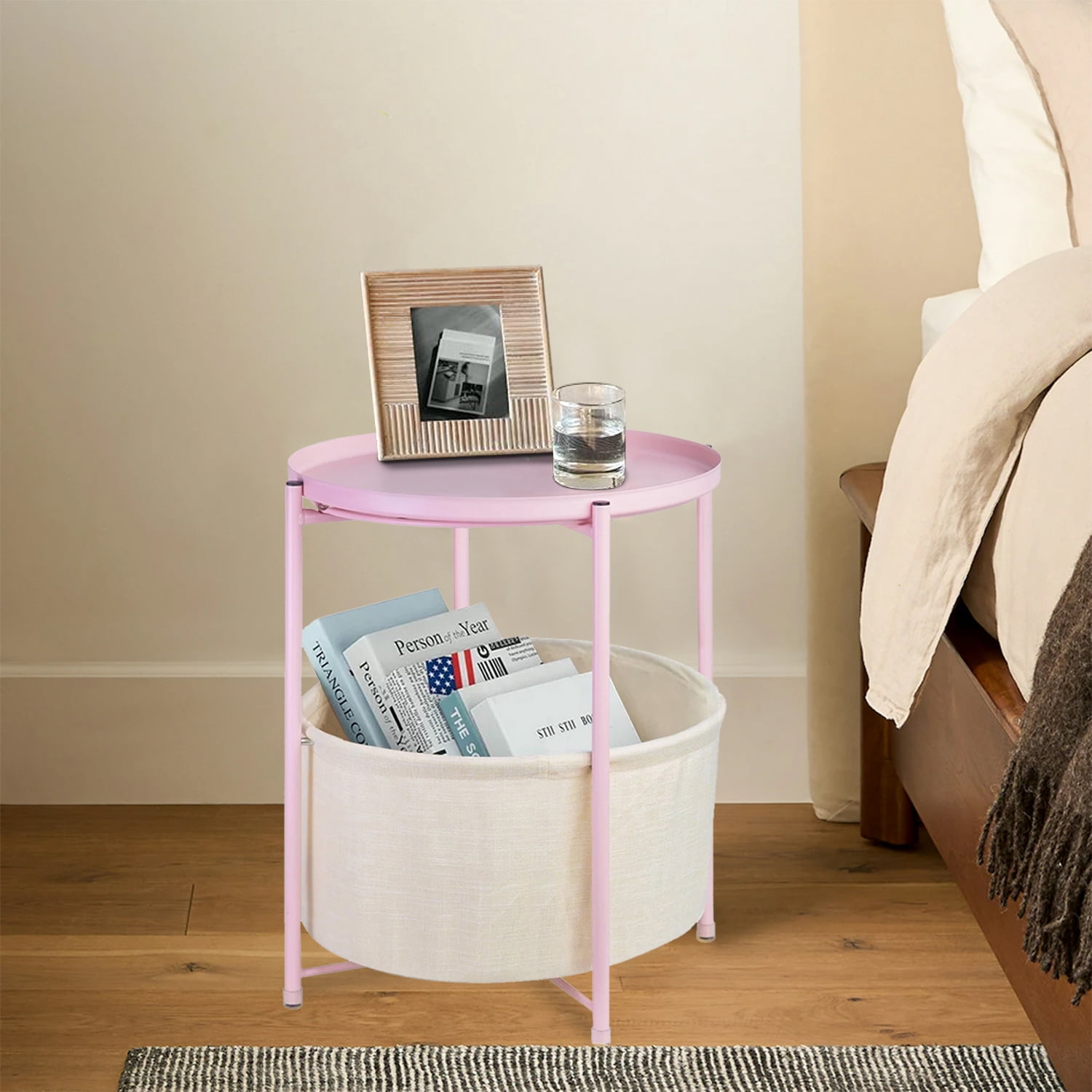 CERBIOR Round Side End Table, Modern Nightstand with Fabric Basket,Pink