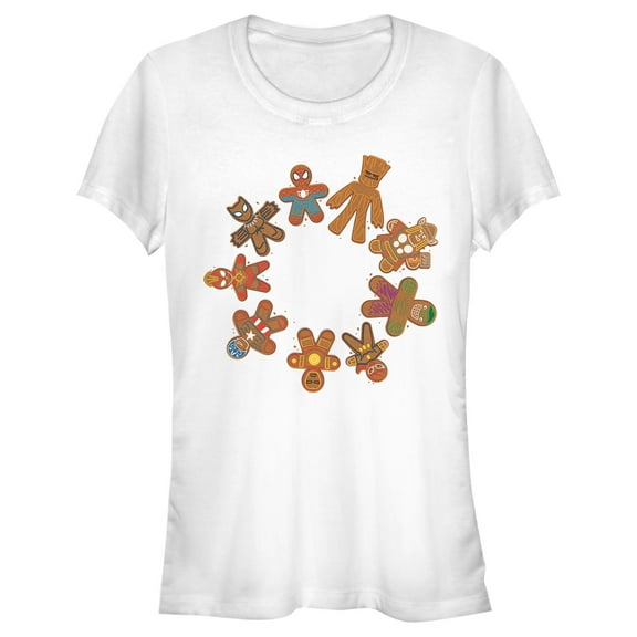 Junior's Marvel Christmas Gingerbread Cookie Circle  Graphic Tee White Large