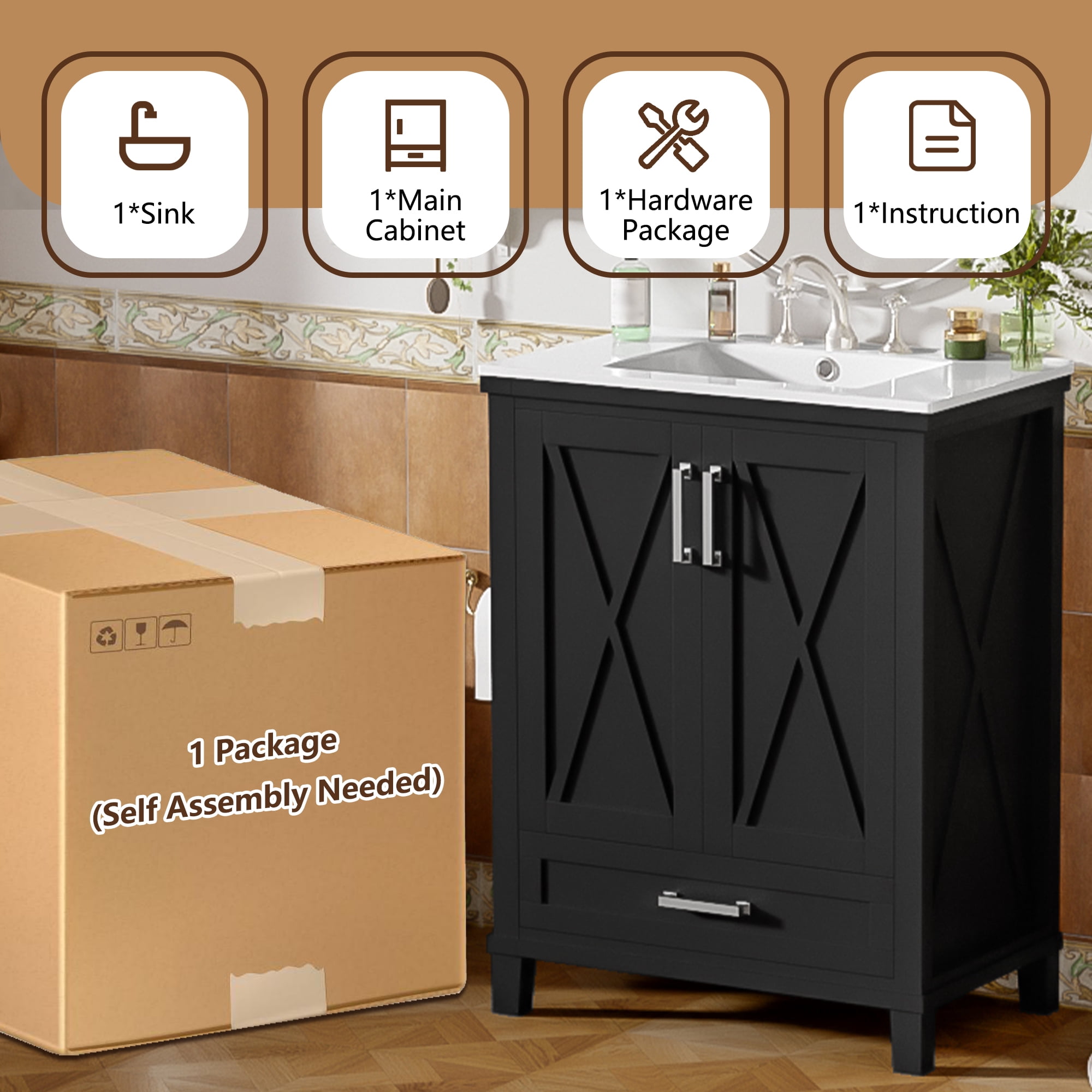 Euroco 24-inch Bathroom Vanity with Single Sink, Solid Wood Frame + MDF, 2 Soft-Close Doors, 1 Divided Drawer, Dual Storage Shelves, Ample Storage Space