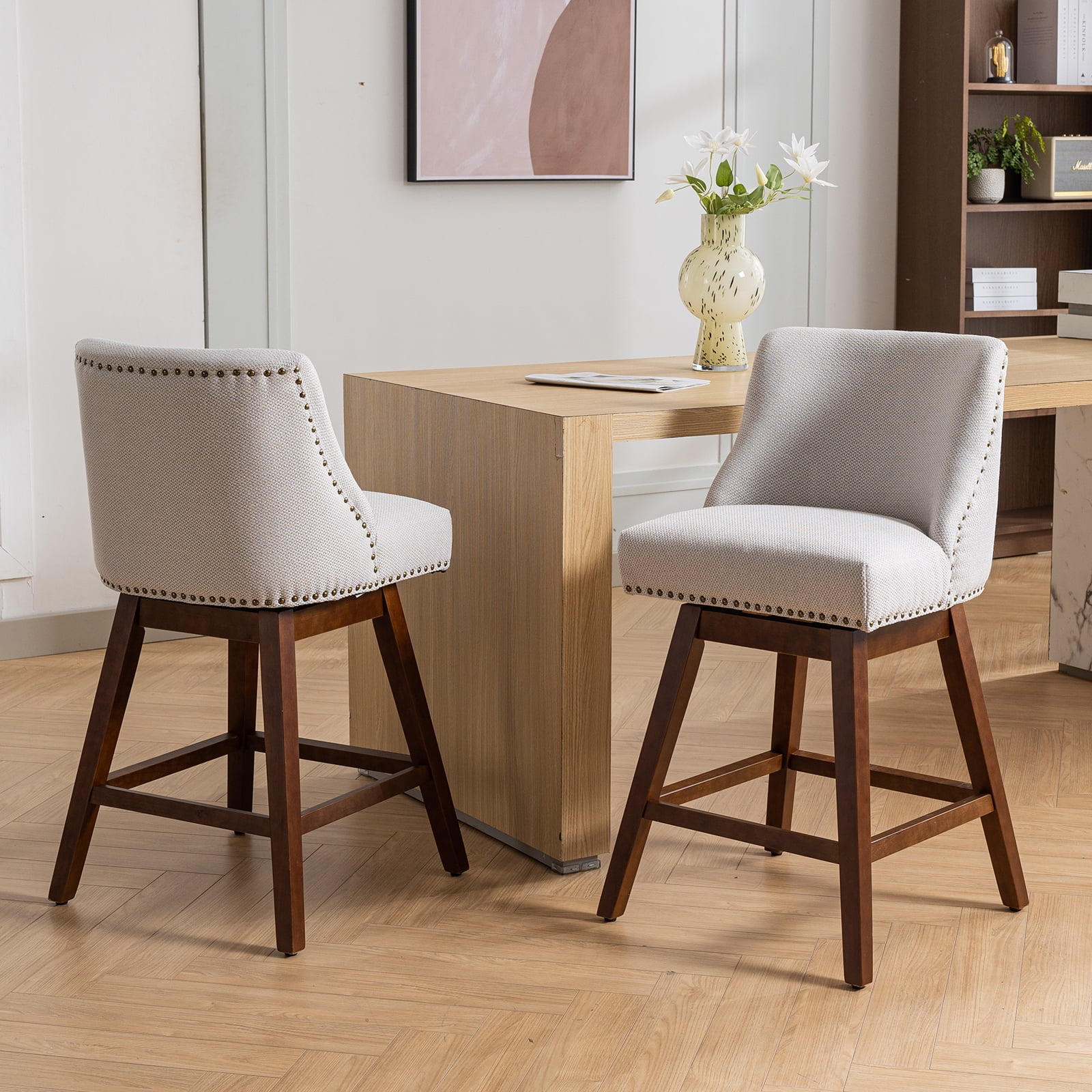 Modern Swivel Bar Stools Set of 4, Beige Counter Height Bar Stools with Back for Kitchen Island, Fabric Upholstered Island Chairs with Wood Legs, Barstool Chairs, Sillas para Barra de Cocina