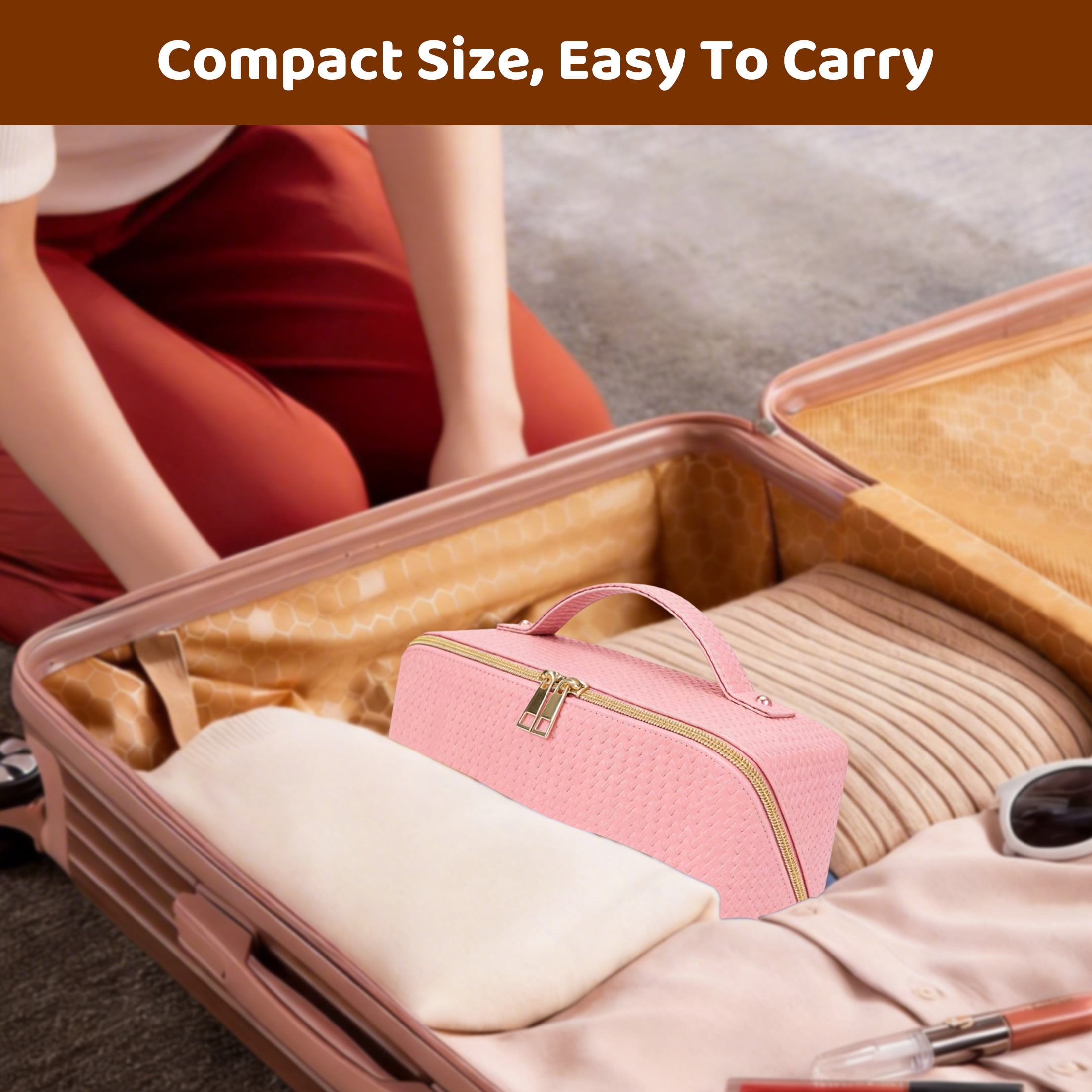 Large Capacity Makeup Bag, Travel Cosmetic Bag, PU Leather Cosmetic Makeup Bag with Handle, 180° Wide Opening Toiletry Bag for Travel, Portable Toiletry Bag for Skincare & Travel Essentials