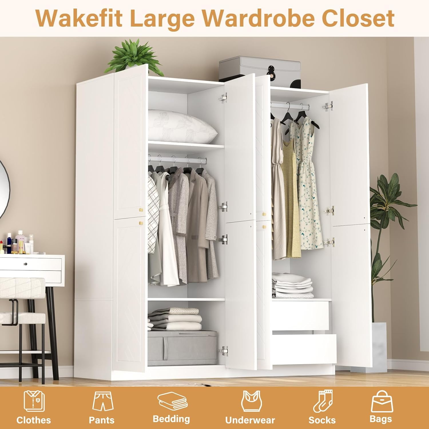 VINFORM Armoire Wardrobe Closet with 4 Doors, Wooden Wardrobe Armoire with 2 Drawers, Armoire Storage with Hanging Rods and Multi-Layer Shelves for Bedroom (White)