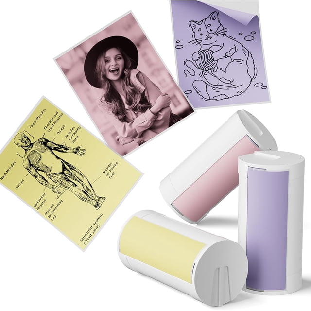 Genuine Self-Adhesive Thermal Printer Stickers, Compatible with PM290C Mini Sticker Printer, Black on White, 54mmx3.2m Sticker Paper for Journal, Study, Photos, Note, 3 Rolls, Yellow Pink Purple