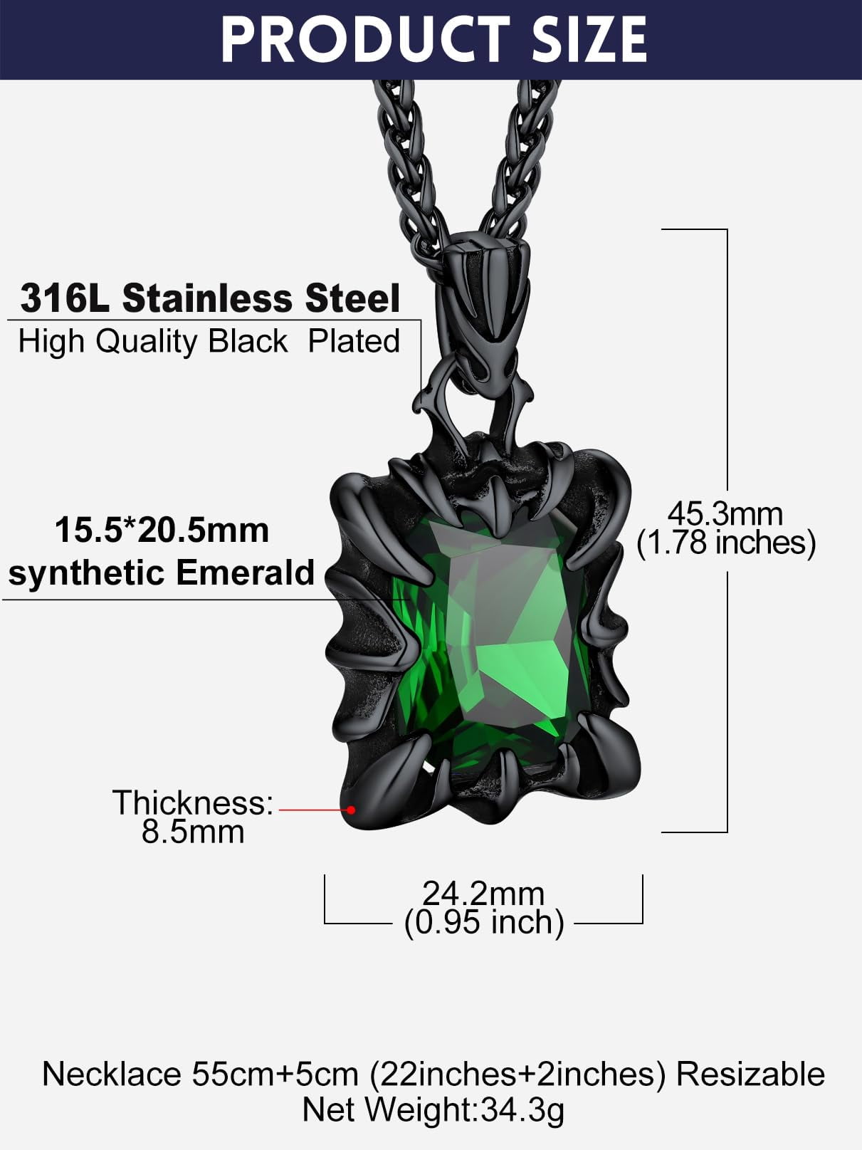 Bandmax Gothic Black Stainless Steel Necklaces for Men Women Dragon Claw Pendant Emerald Stone Vintage Goth Punk Necklace for Gift