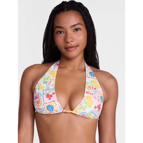 No Boundaries Multi Fruit Print Halter Bikini Swim Top, Women's XXS-XXL