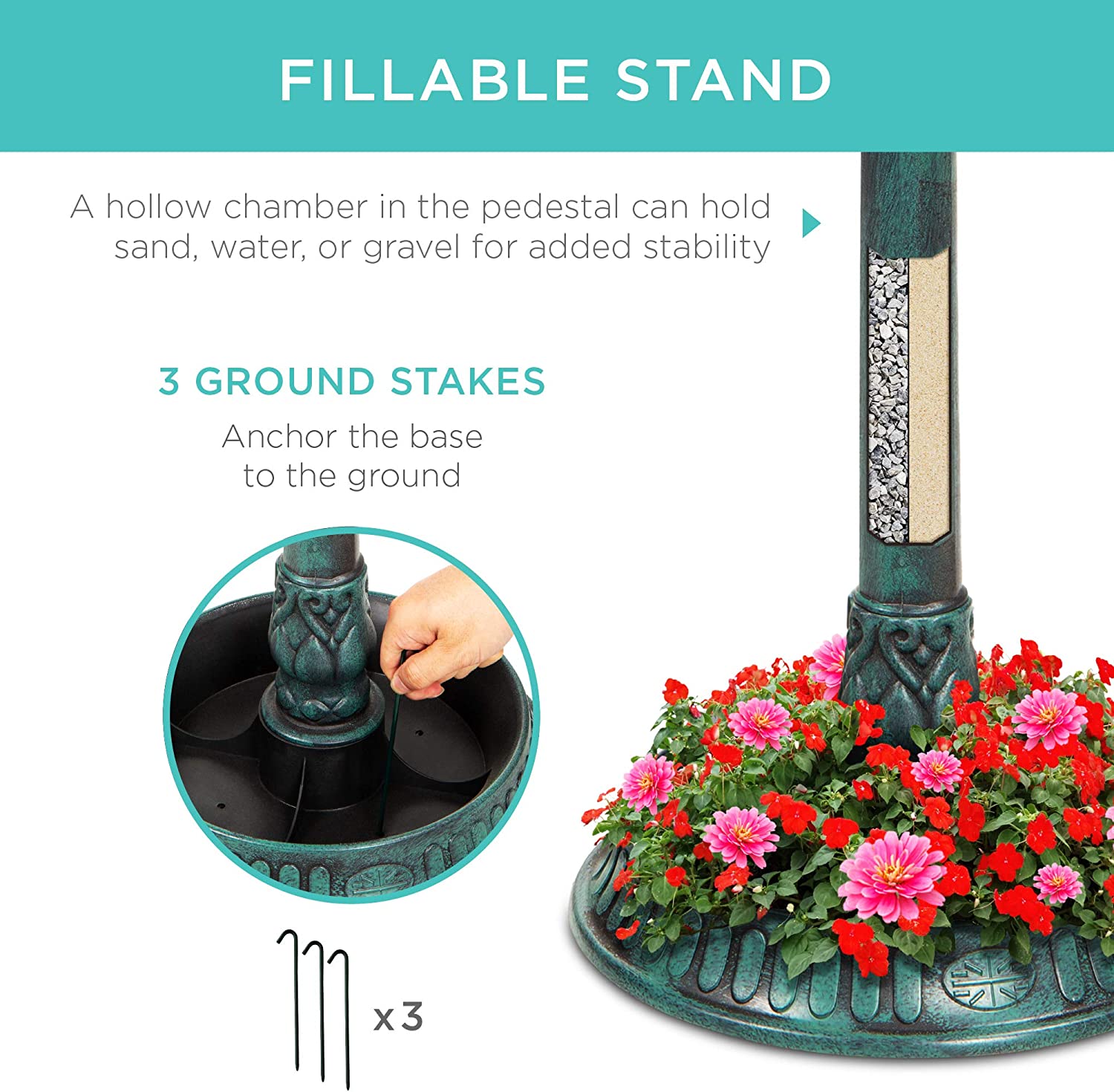 Solar Outdoor Bird Bath Vintage Resin Pedestal Fountain Decoration for Yard, Garden w/Planter Base, Feeder, Decorative Bird Cage, Fillable Stand - Green