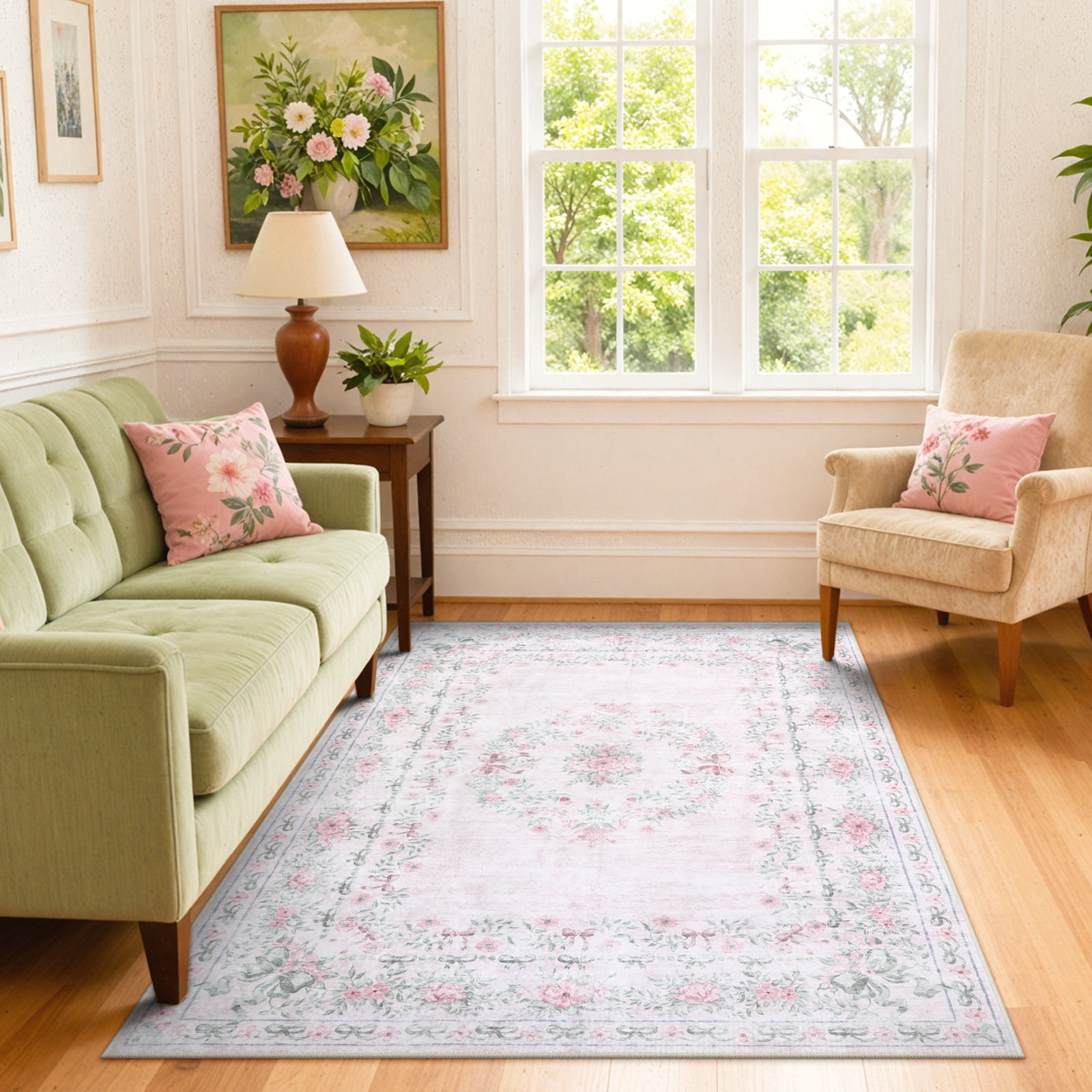 Lahome Washable 5'x7' Area Rug, Light Pink Floral Bow Print Rugs for Living Room, Ultra-Thin Non-Slip Soft Boho Carpet for Bedroom Girls Nursery Kids Room Dorm, Light Pink