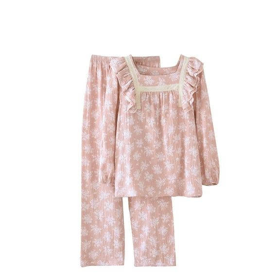 WRKEKC Silk Pajamas for Women Print Square Neck Ruffle Trim Long Sleeve 100% Cotton Home Loungewear Sleepwear Set for Fall