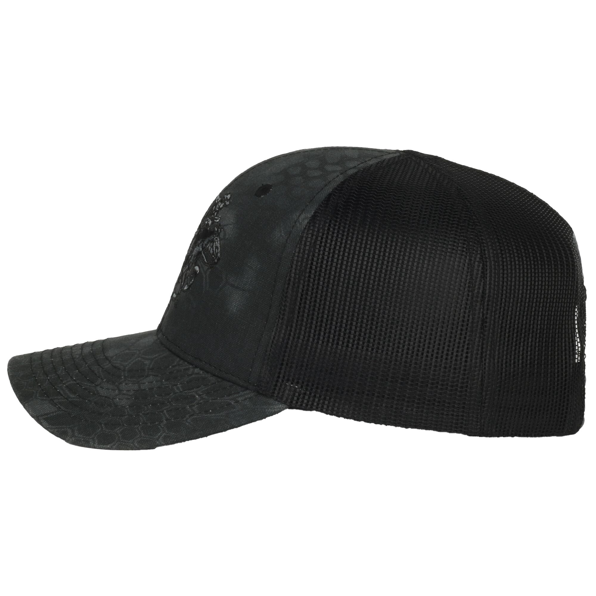 Adult Men's Winchester Kryptek Camo Hat: 6 panel Kryptek ® Typhon Camo, structured front panels, meshback panels, low profile crown, slightly pre-curve visor, adjustable single row snap closure cap.