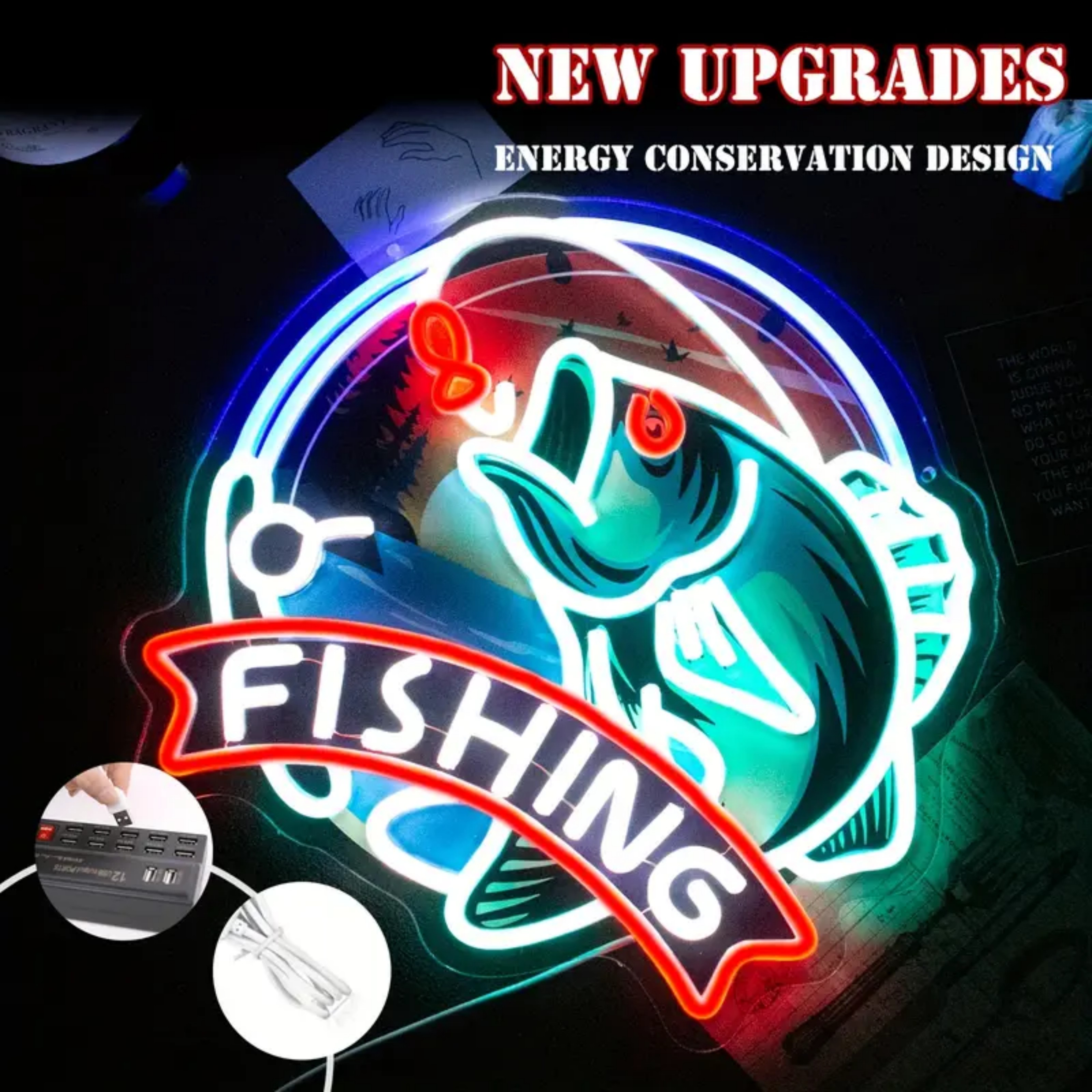 UPONRAY Fishing Neon Signs, 13.7"*12.9" Dimmable & USB-Powered LED Neon Light, Stylish Wall Decor for Home, Beach Bar, Natatorium, Swimming Pool, Fishing Pond