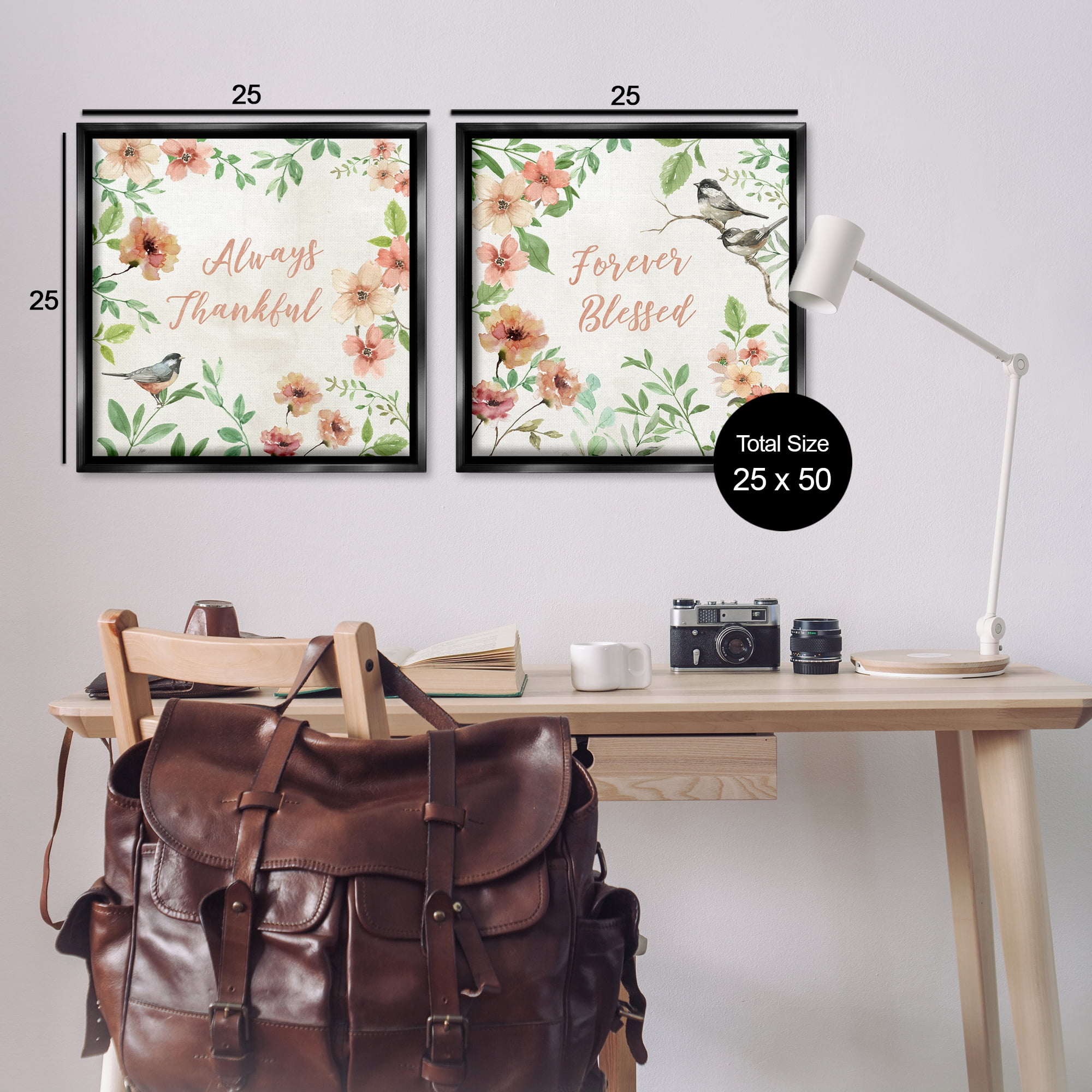 Stupell Industries Always Forever Bird Plants & Flowers Painting Black Floater Framed Canvas Art Print Wall Art, 25 x 25, Set of 2