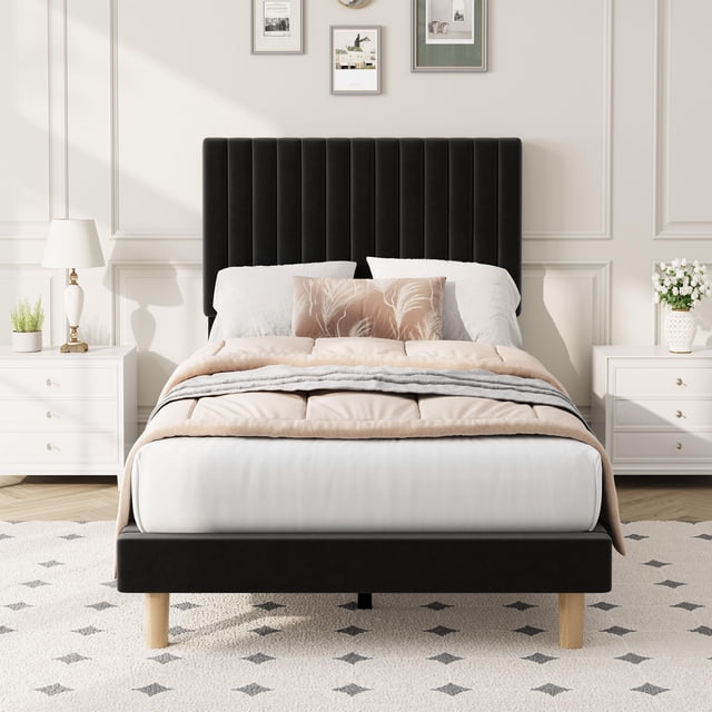 GloryStar Vertical Channel Tufted Velvet Bed Frame, Adjustable Headboard Platform Bed with Wooden Slats, No Box Spring Required