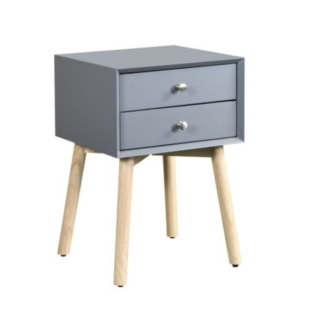 Side Table with 2 Drawers, Mid-Century Modern Nightstand with Rubber Wood Legs, Small Storage Cabinet for Bedroom Living Room, Gray