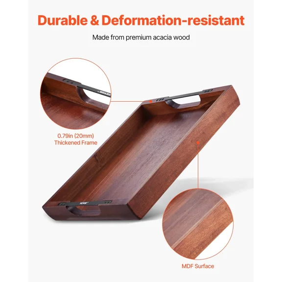 17 x 12.2 Inch Acacia Wood Serving Tray with Handles - Versatile Laptop Desk & Food Serving Tray for Home & Kitchen