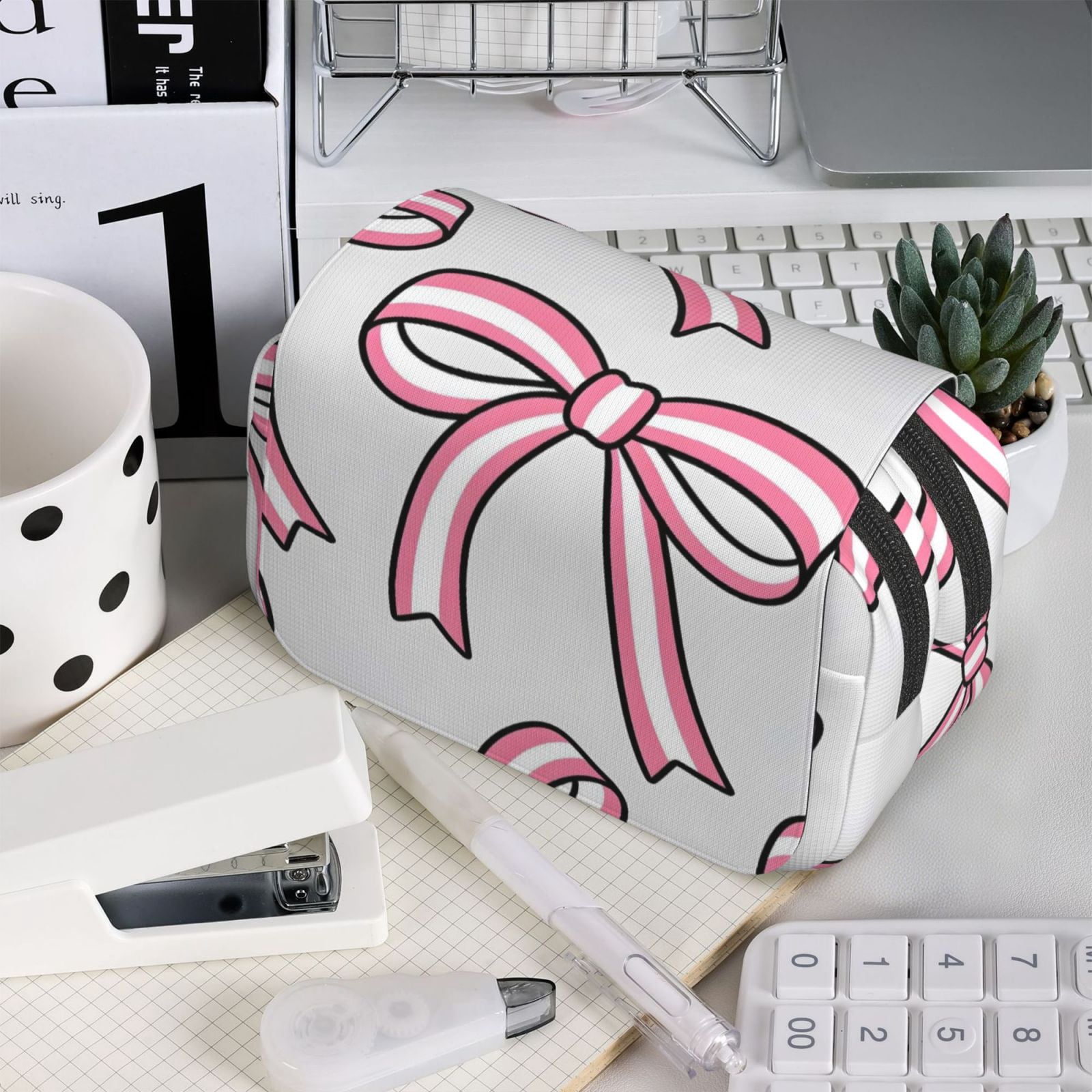 Large-Capacity Flip-Top Double-Layer Pencil Case, Multi-Functional Pocket Pen Case, Durable Stationery Organizer Pink And White Bows