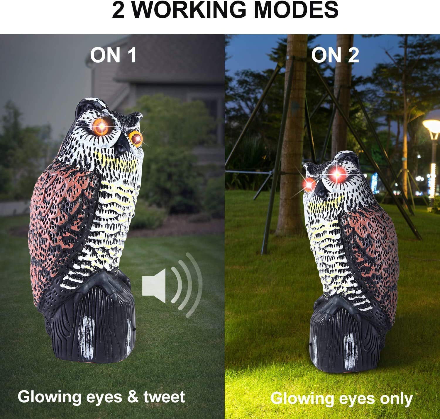 Ohuhu Solar Powered Owl Decoy to Scare Birds Away with Flashing Eyes & 3 Sounds 