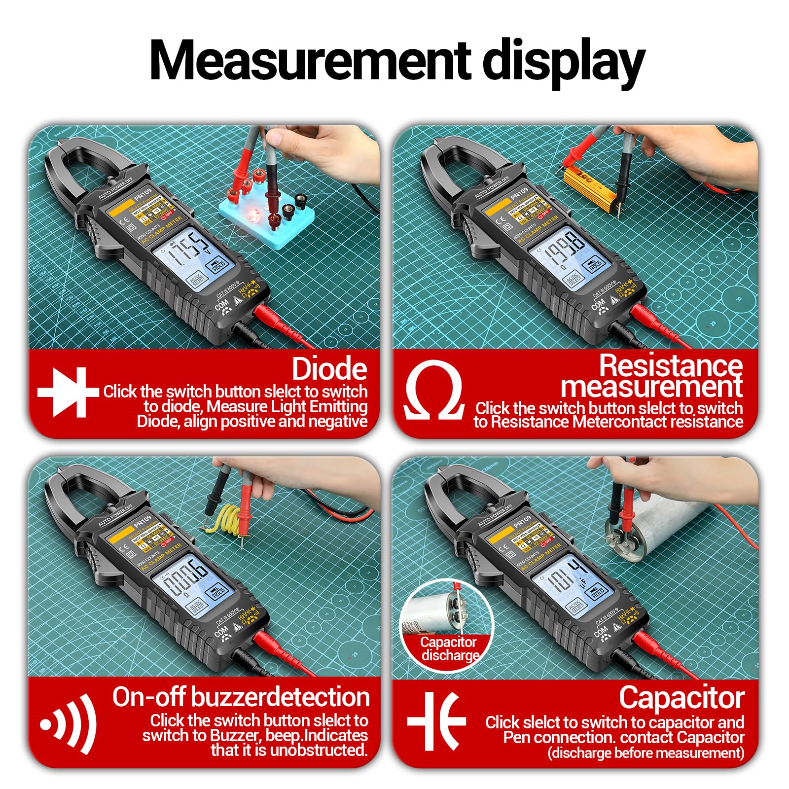 PN109 Multimeter 4000 Counts Digital Display Clamp Meter Tester Battery Operated(NOT Included)