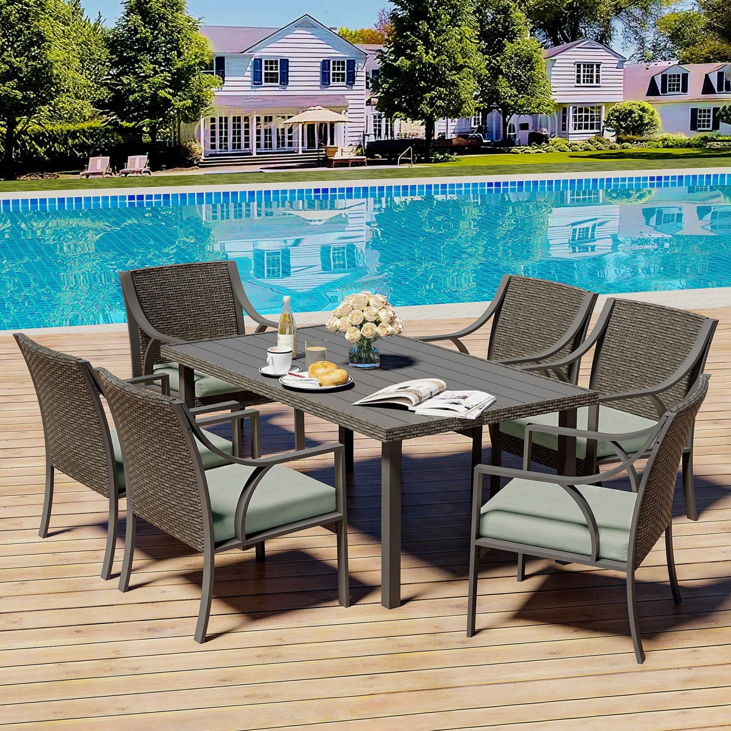 Wicker Patio Dining Chairs Set of 6, All Weather Outdoor Rattan Chairs with Green Cushions, 350 lbs Metal Frame Patio Chairs for Backyard Porch Garden