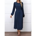 thumbnail image 4 of Women'S Midi Dress Long Puff Sleeve Wrap Crew Neck Flowy Ruffle Pleated Casual Fall Dresses Dark Blue L, 4 of 9