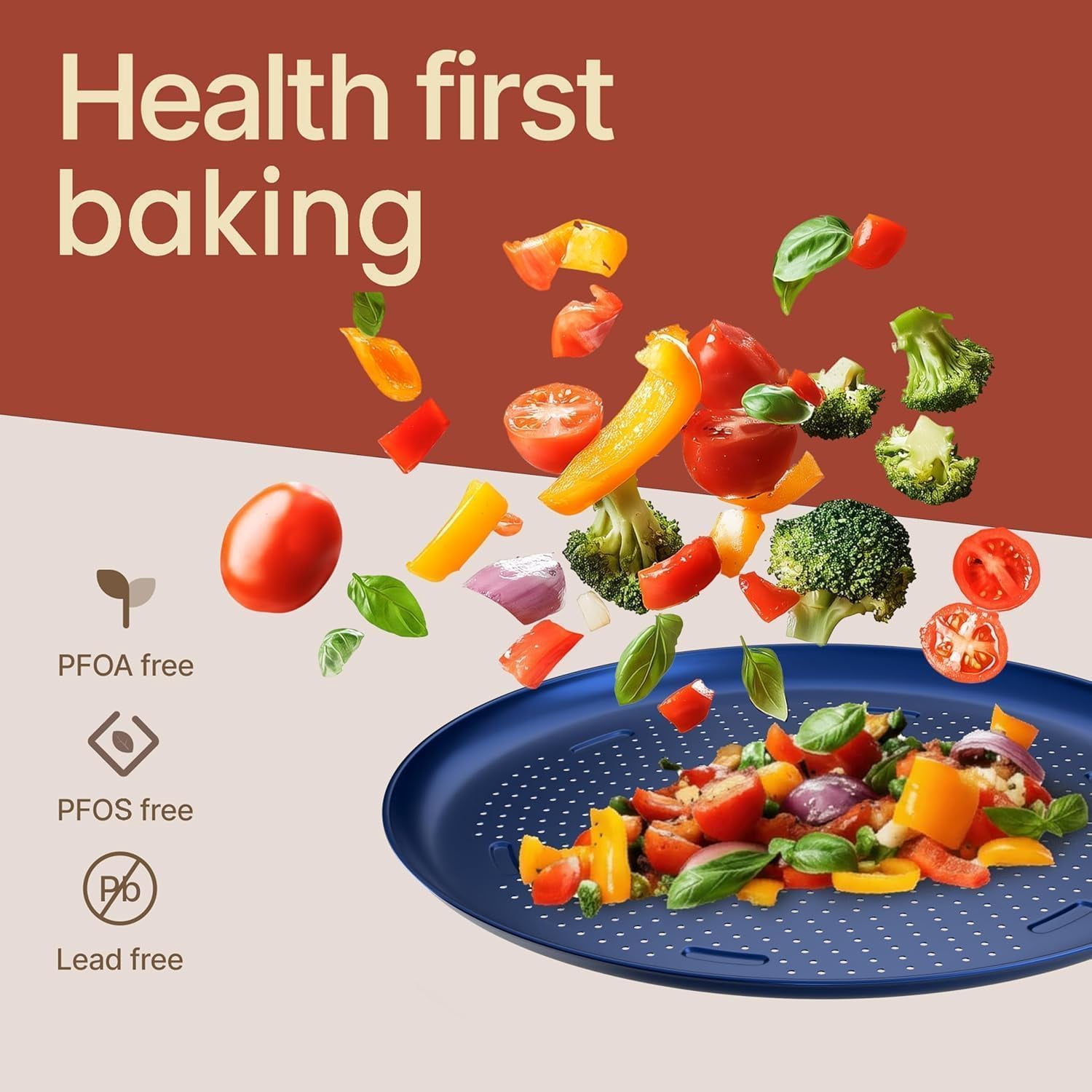 Bakken 16" Non-Stick Perforated Pizza Pan 1 Pack, Round Carbon Steel Tray, Oven & Dishwasher Safe, Durable Nonstick, Blue