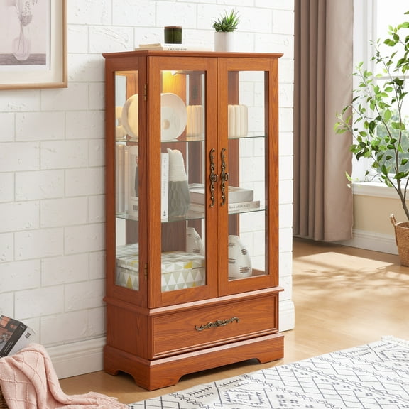 Noble House Louisa Lighted Curio Cabinet, Glass Display Case with Drawer, Mirrored Back & Adjustable Shelves, Dark Oak