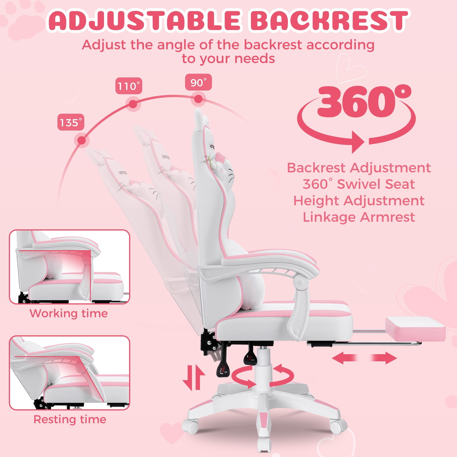 HOFFREE Gaming Chair for Girls with Cat Ears and Cloud Massage Lumbar Cute Computer Chair with Footrest Comfortable Reclining Game Chairs for Adults Teens Women Pink and White
