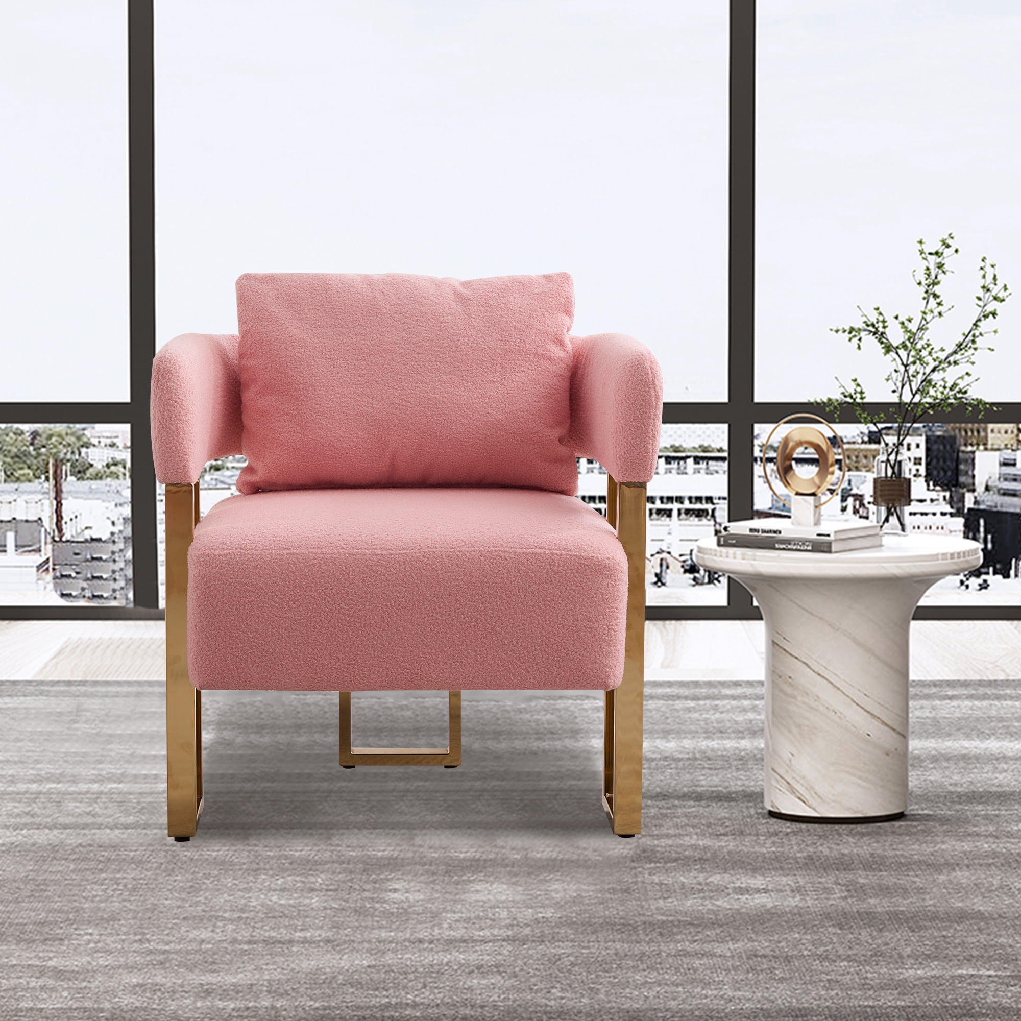 Leumius Teddy Accent Chairs Set of 2,Morden Upholstered Armchair Dining Side Chairs with Gold Metal Legs for Dining Kitchen Living Room,Pink