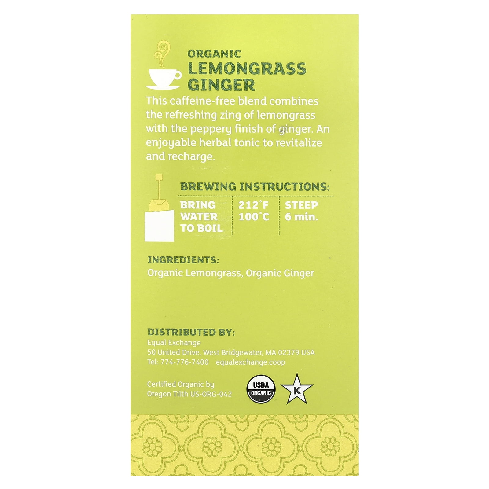 Equal Exchange Organic Lemongrass Ginger, Herbal Tea, Caffeine-Free, 20 Tea Bags, 1.05 oz (30 g)