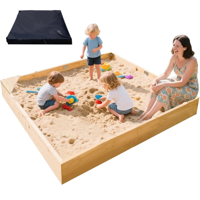 Slsy Arenero Grande de Madera para Niños con Asientos y Cubierta Impermeable, Caja de Arena Cuadrada 180x180cm para Jardín, Patio o Playa, Hecha de Madera de Abeto Natural, Ideal 2-10 Años