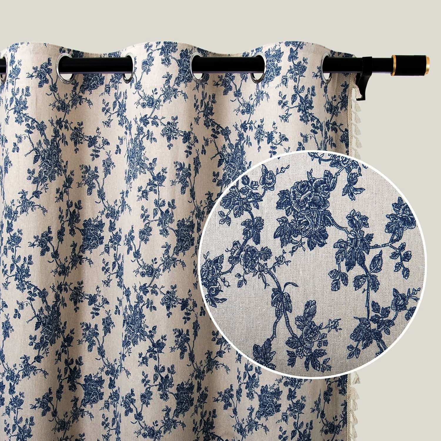 UU&T Vintage Floral Curtains for Living Room, Semi-Blackout Farmhouse Linen Curtains with Tassels Set of 2 Panels, 52" x 84"