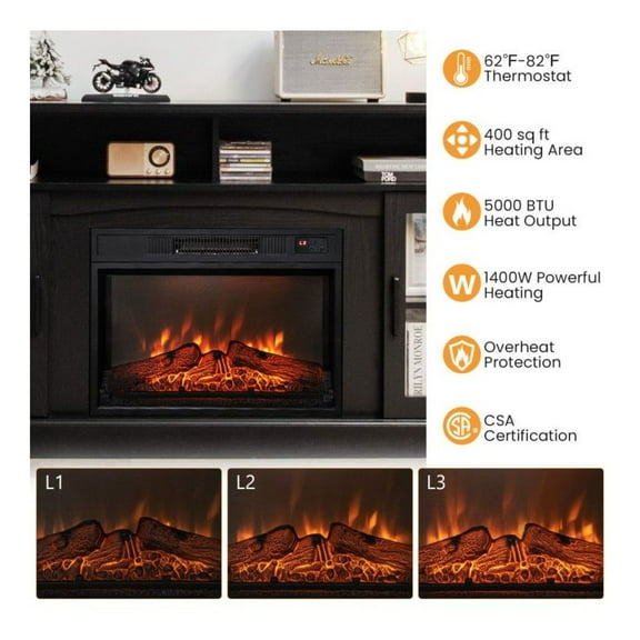 Fireplace TV Stand 65 Inch with Cabinets & Remote - Electric Log Fireplace Insert - 5000 BTU Heater - Adjustable Flame, Temp & Timer - Living Room Entertainment Center