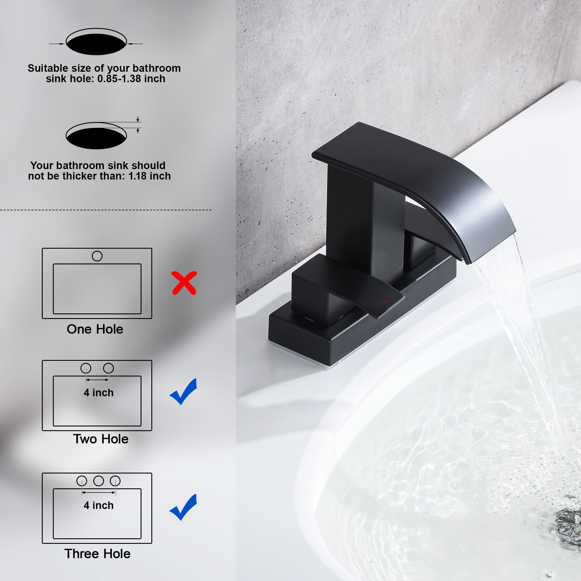 Waterfall Bathroom Faucet - 2 Handle 4 Inch Centerset Faucet for Lavatory Bathroom Sink, with cUPC Faucet Supply Line Hoses for Bathroom Restroom Vanity Lavatory, Matter Black