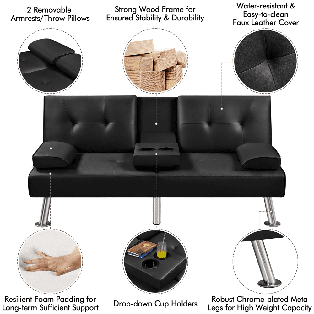 Renwick Modern Faux Leather Futon Sofa Bed Convertible Folding Couch with Cup Holders, Black
