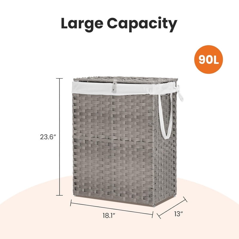 Simenmax 90L Foldable Laundry Hamper with Lid, Woven Laundry Basket with Removable Washable Liner, Rattan Clothes Hamper Sturdy Steel Frame Rattan Basket, Gray