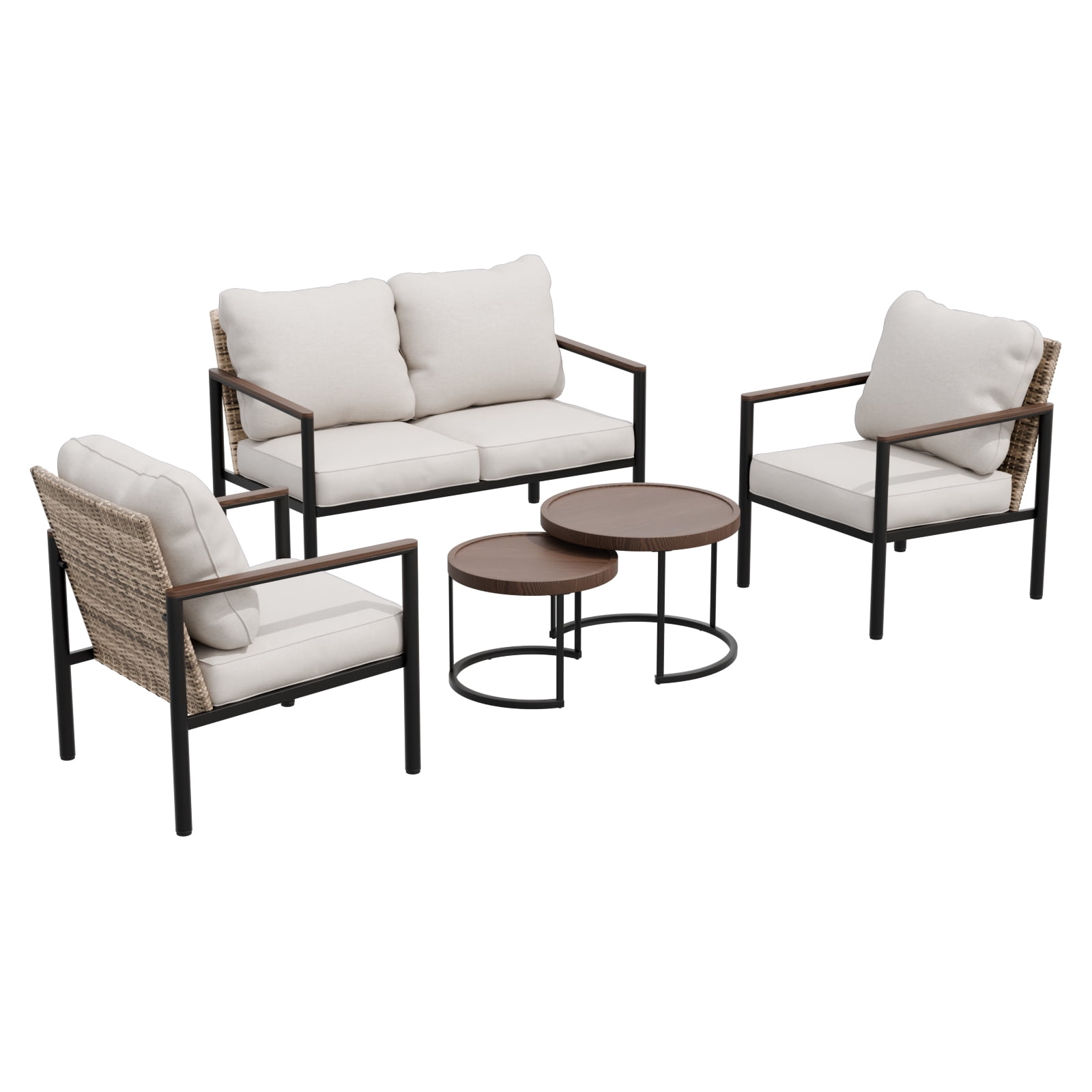 INTER HUT 5 PCS Patio Outdoor Conversation Set with Nesting Coffee Table,Modular Rattan Outdoor Patio Sectional Furniture Sofa Set for Backyard,Beige