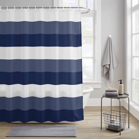 Navy Blue and White Striped Fabric Shower Curtain for Bathroom Waterproof Polyester Bath Curtain with 12 Hooks Abstract Ombre Geometric Washable Shower Curtain with Grommets 36"x78"