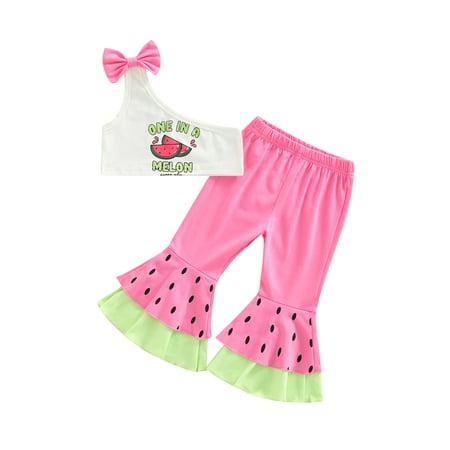 

Calsunbaby Little Girls 2Pcs Pants Set Letter Sliced Watermelon Bow One Shoulder Crop Tops + Patchwork Long Flared Pants Rosy 3-4 Years